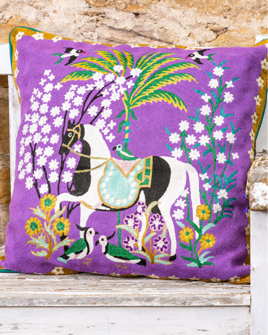 A Mughal Painting Crewel Embroidery Wool & Viscose Cushion