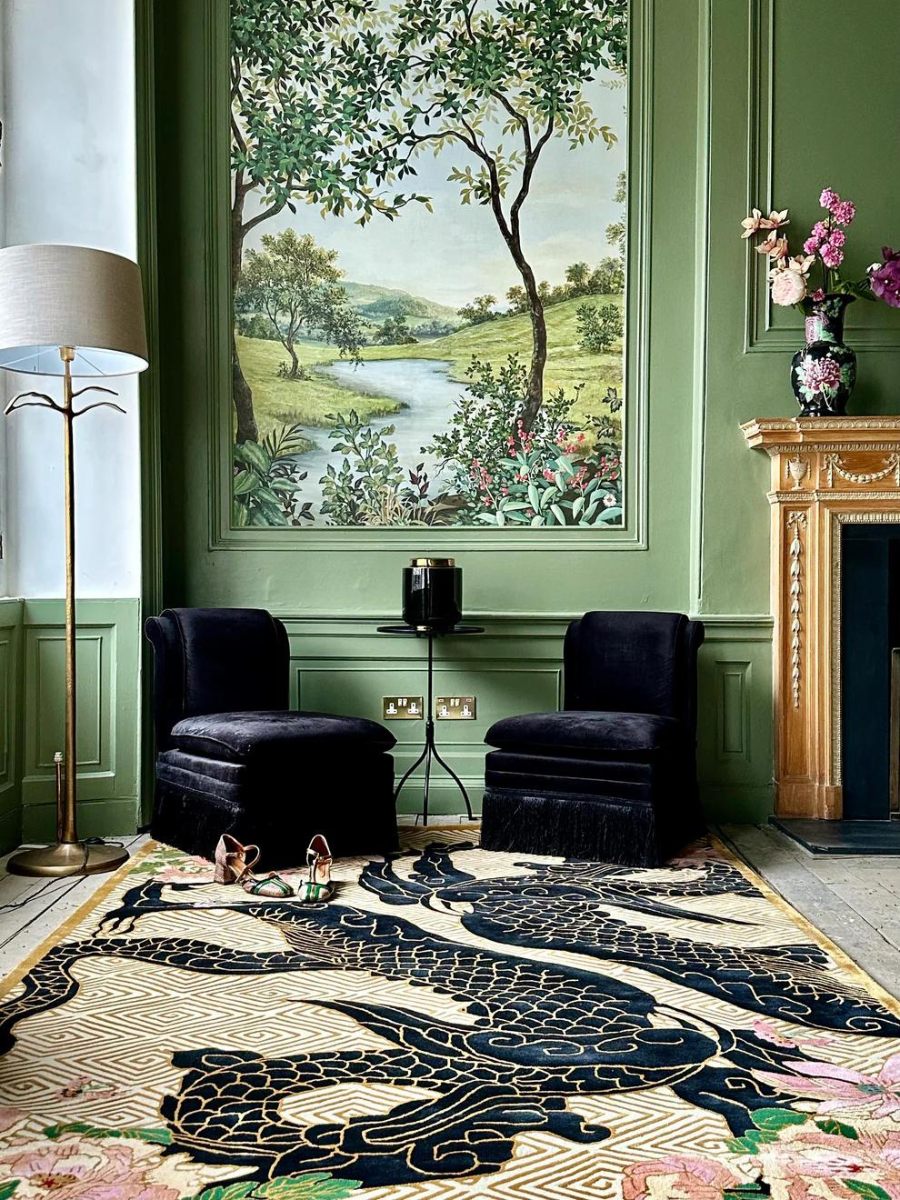 Dragon Florals Black & Gold - Hand Tufted Rug