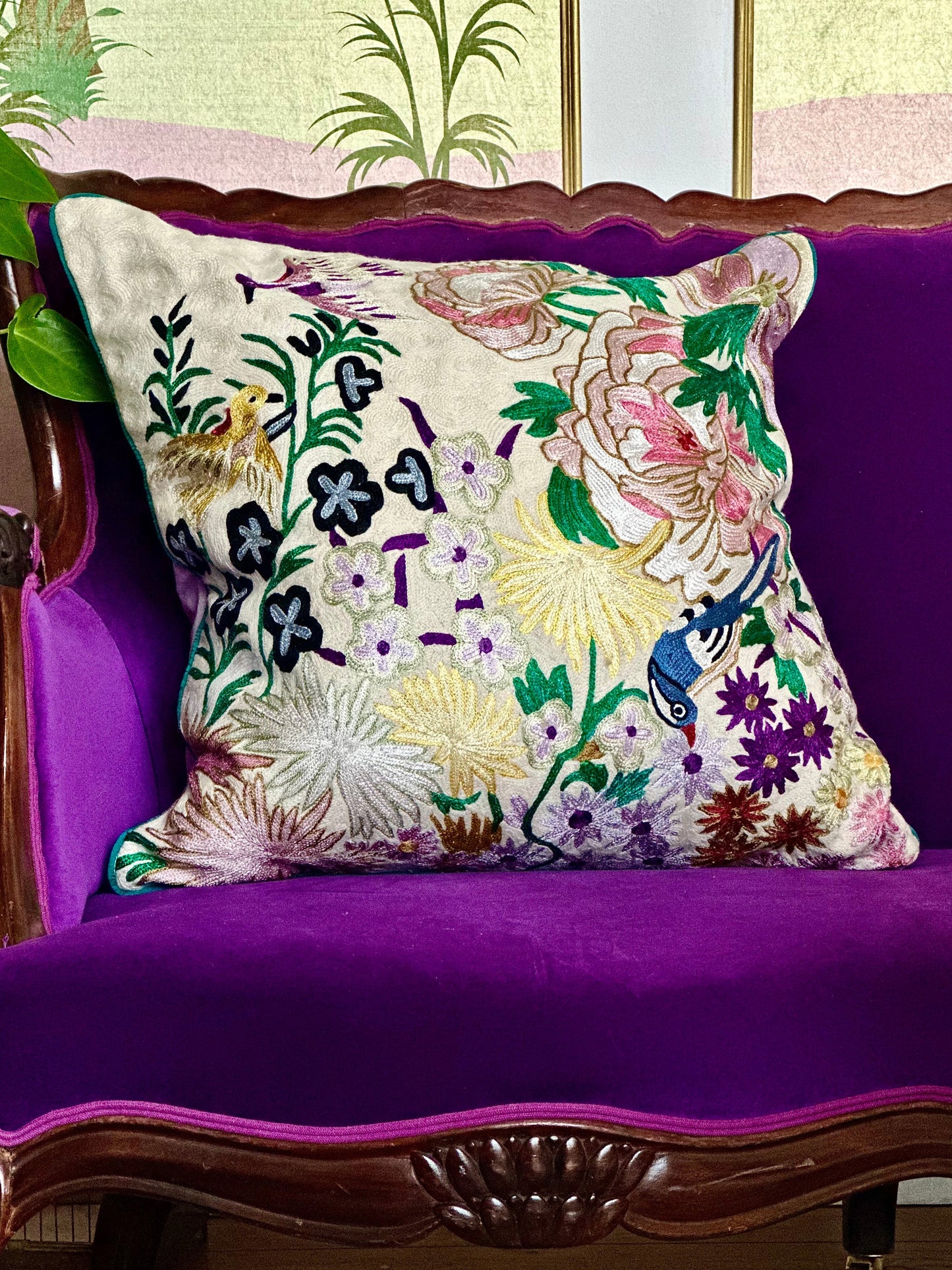 One Hundred Birds One Hundred Flowers Crewel Embroidery Wool & Viscose Cushion