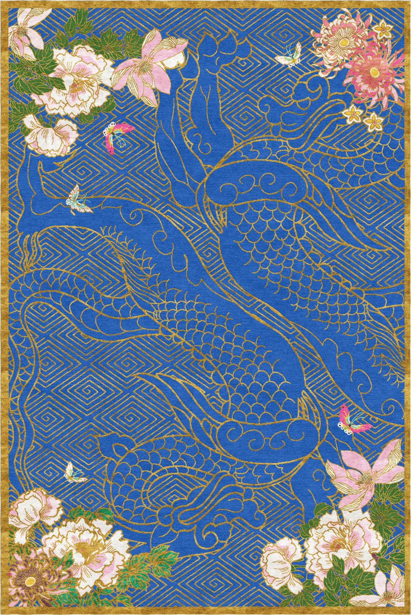 Dragon Florals Blue & Gold - Hand Tufted Rug