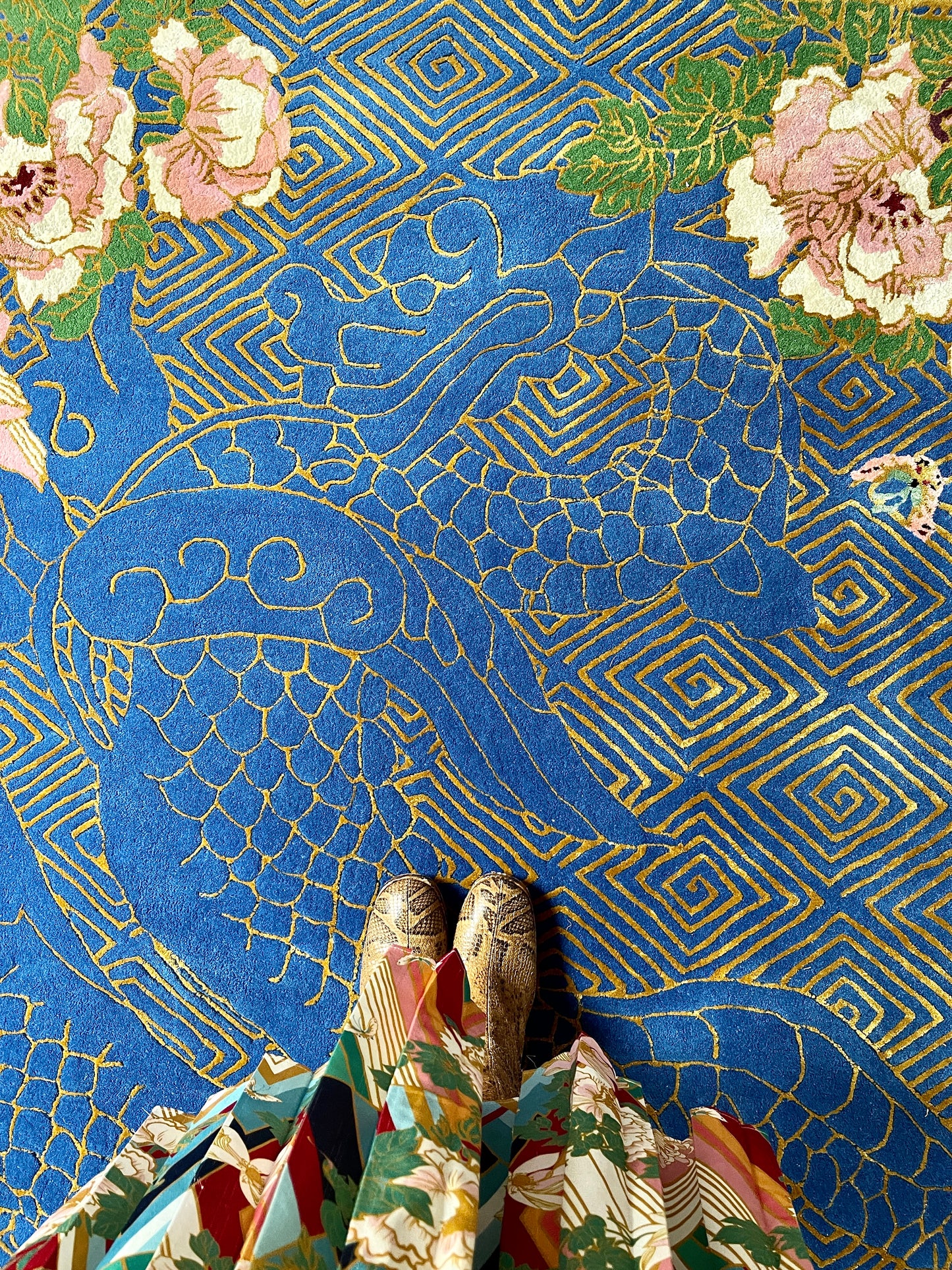 Dragon Florals Blue & Gold - Hand Tufted Rug