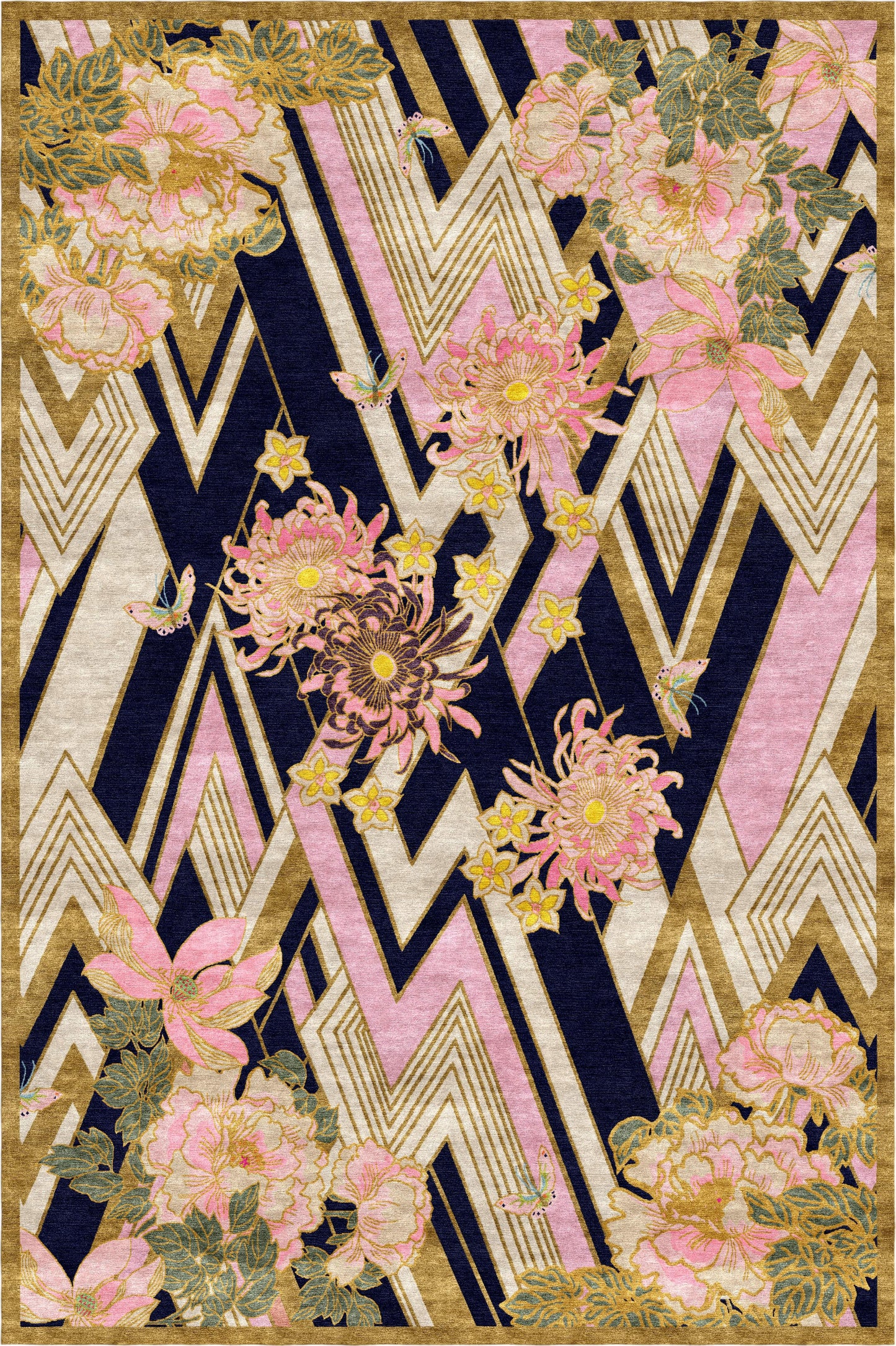 Herringbone Florals Pink & Gold - Hand Tufted Rug