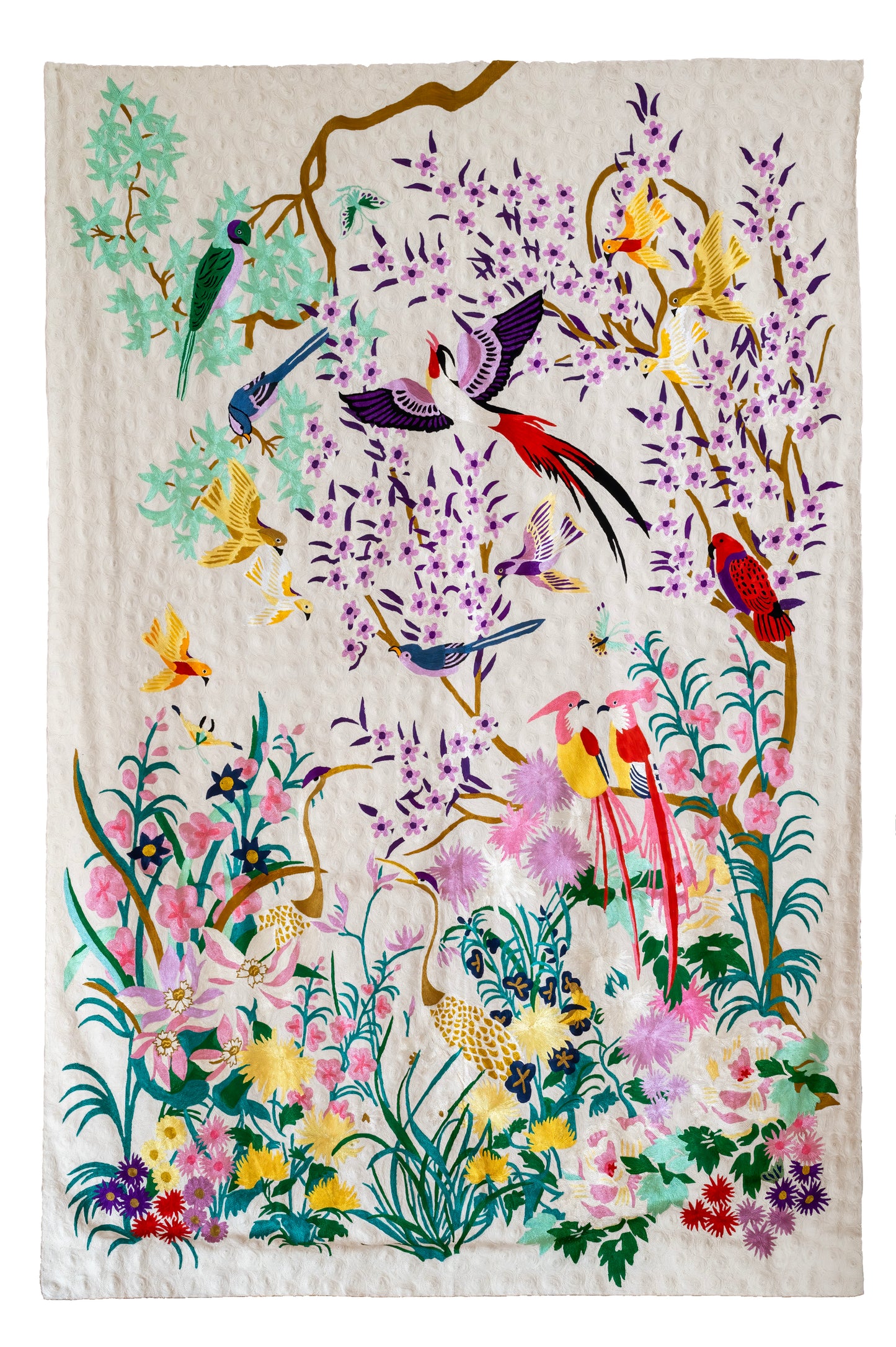 One Hundred Birds One Hundred Flowers - Hand-Embroidered Wall-Hanging