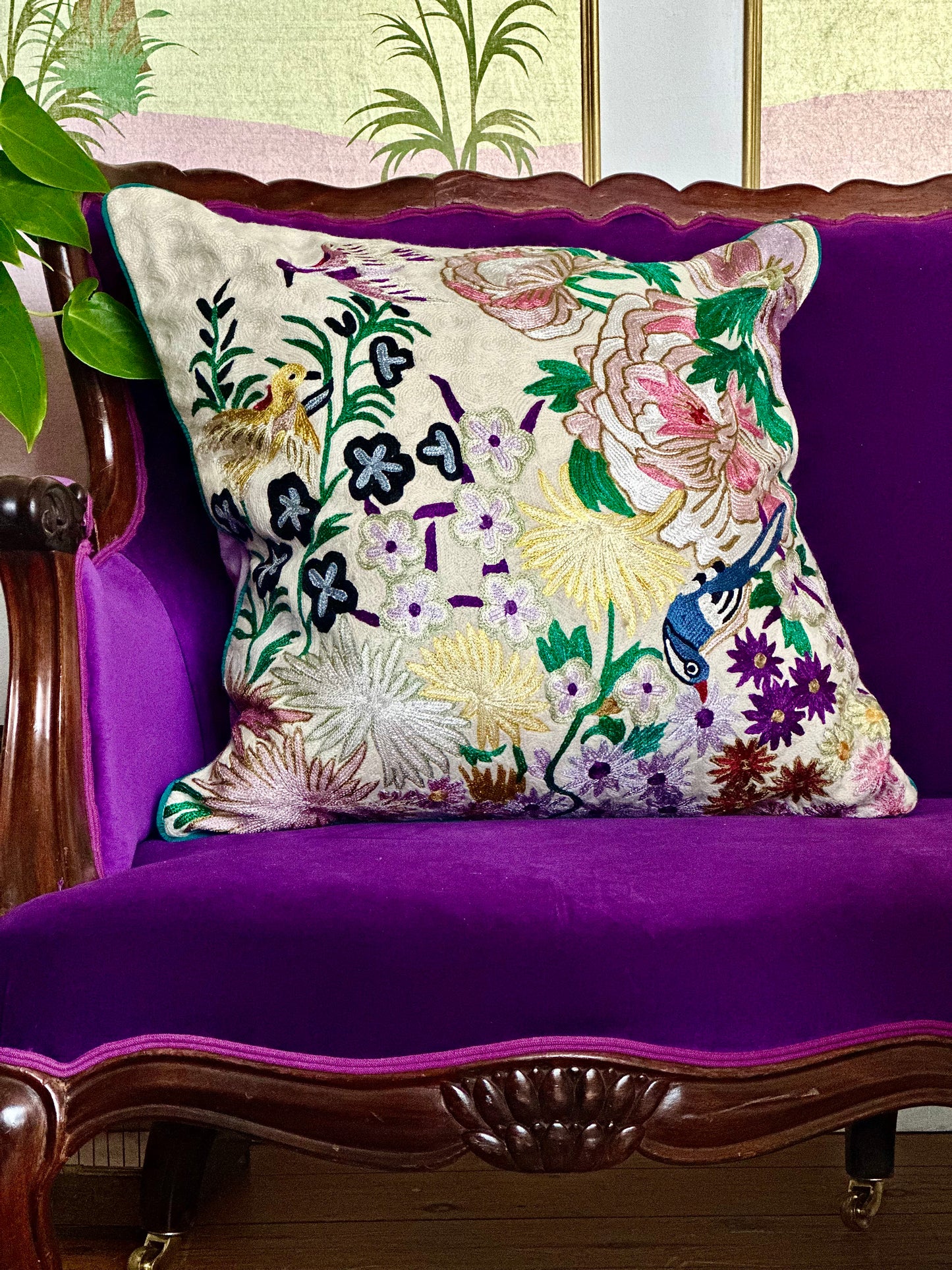 One Hundred Birds One Hundred Flowers Crewel Embroidery Wool & Viscose Cushion