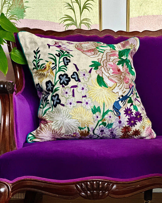 One Hundred Birds One Hundred Flowers Crewel Embroidery Wool & Viscose Cushion