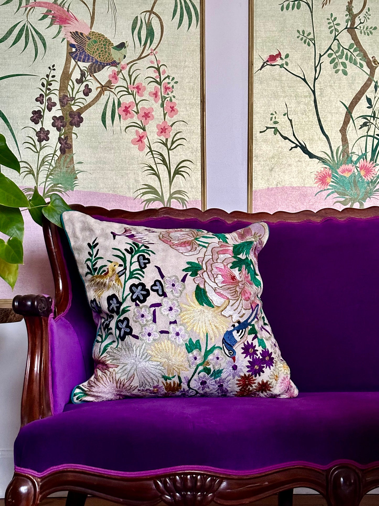 One Hundred Birds One Hundred Flowers Crewel Embroidery Wool & Viscose Cushion