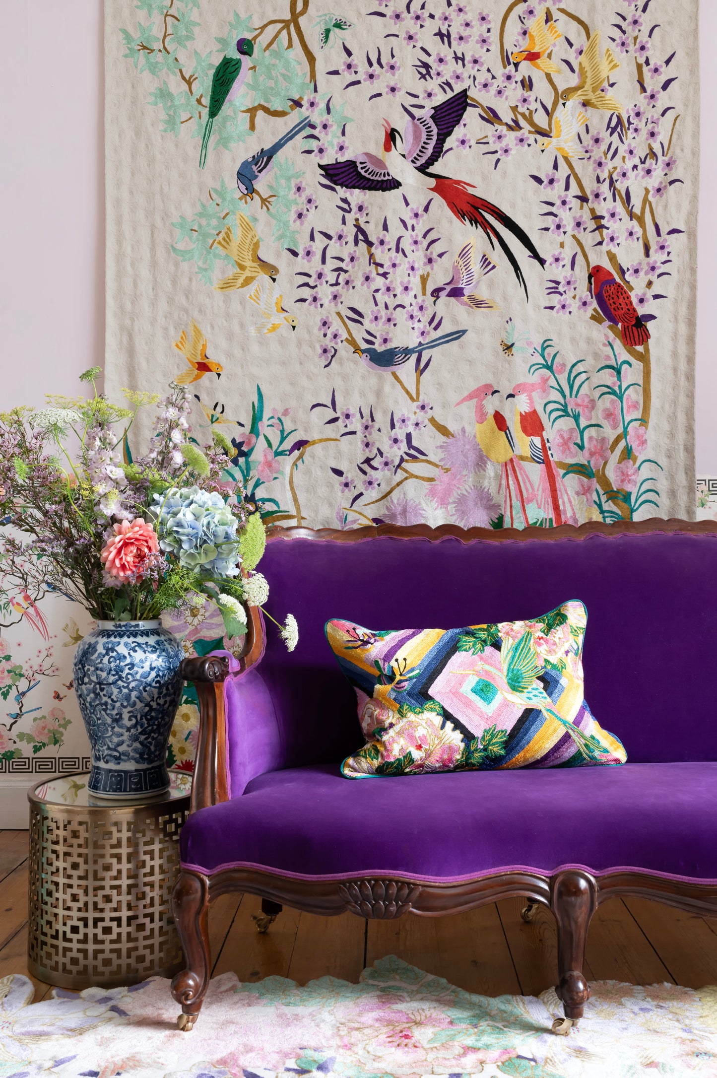 One Hundred Birds One Hundred Flowers - Hand-Embroidered Wall-Hanging