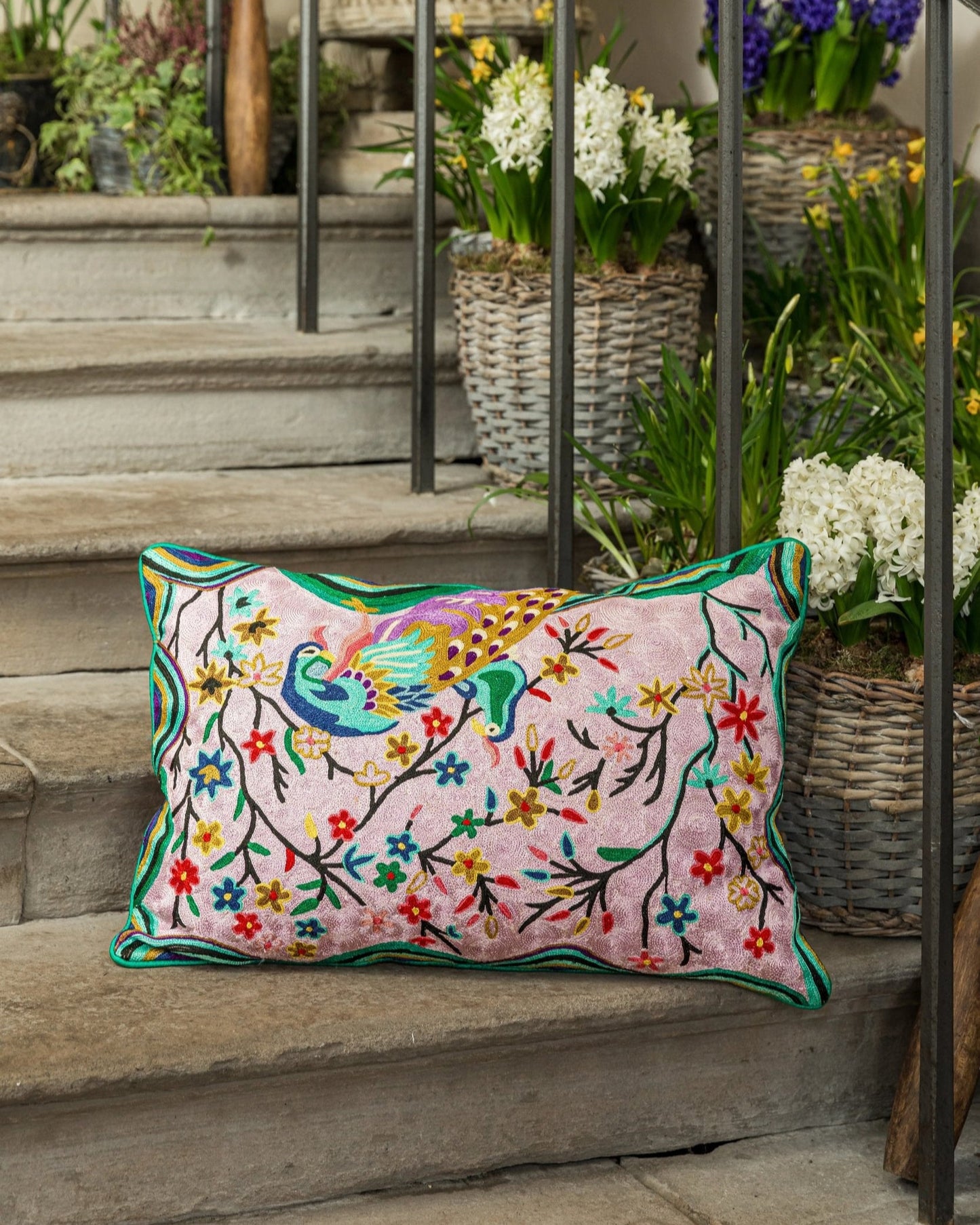 Kujaku Lilac Crewel Embroidery Wool & Viscose Cushion