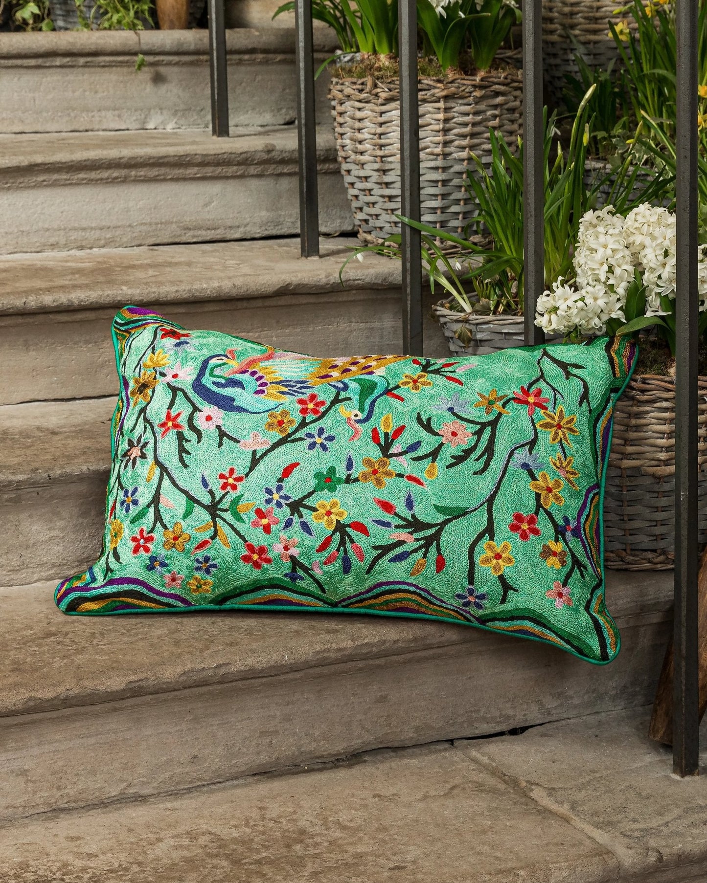 Kujaku Green Crewel Embroidery Wool & Viscose Cushion