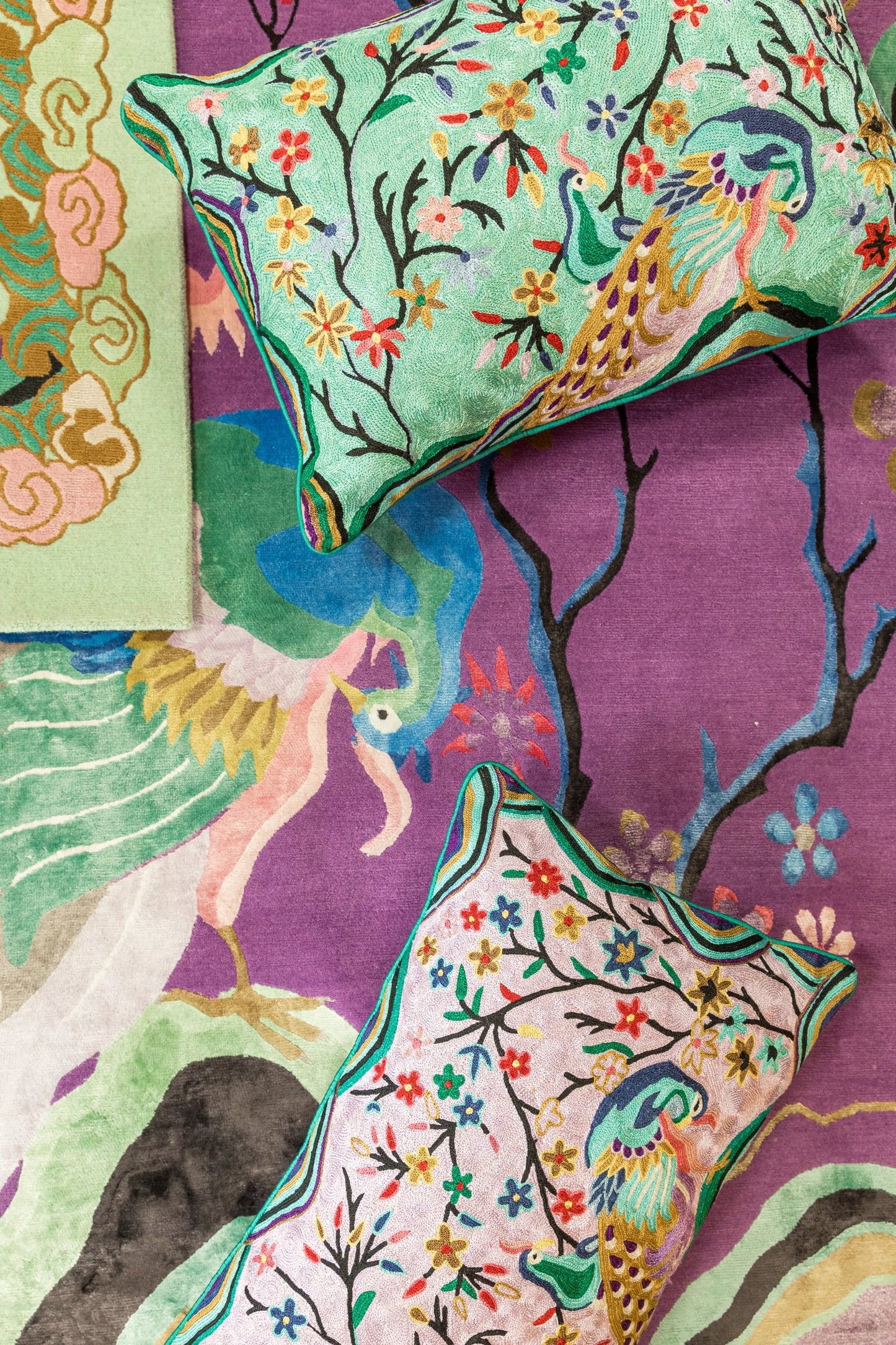 Kujaku Lilac Crewel Embroidery Wool & Viscose Cushion