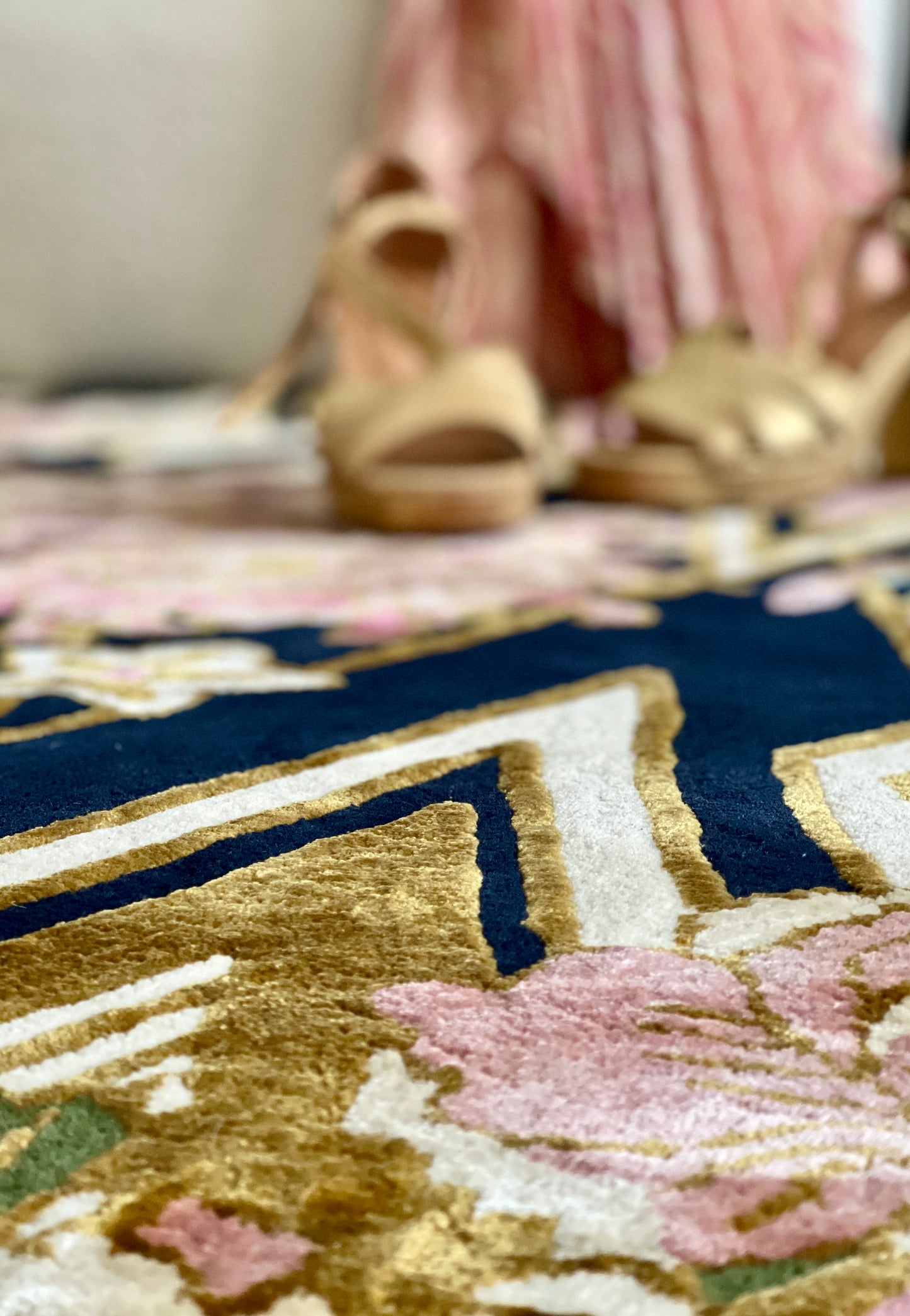 Herringbone Florals Pink & Gold - Hand Tufted Rug