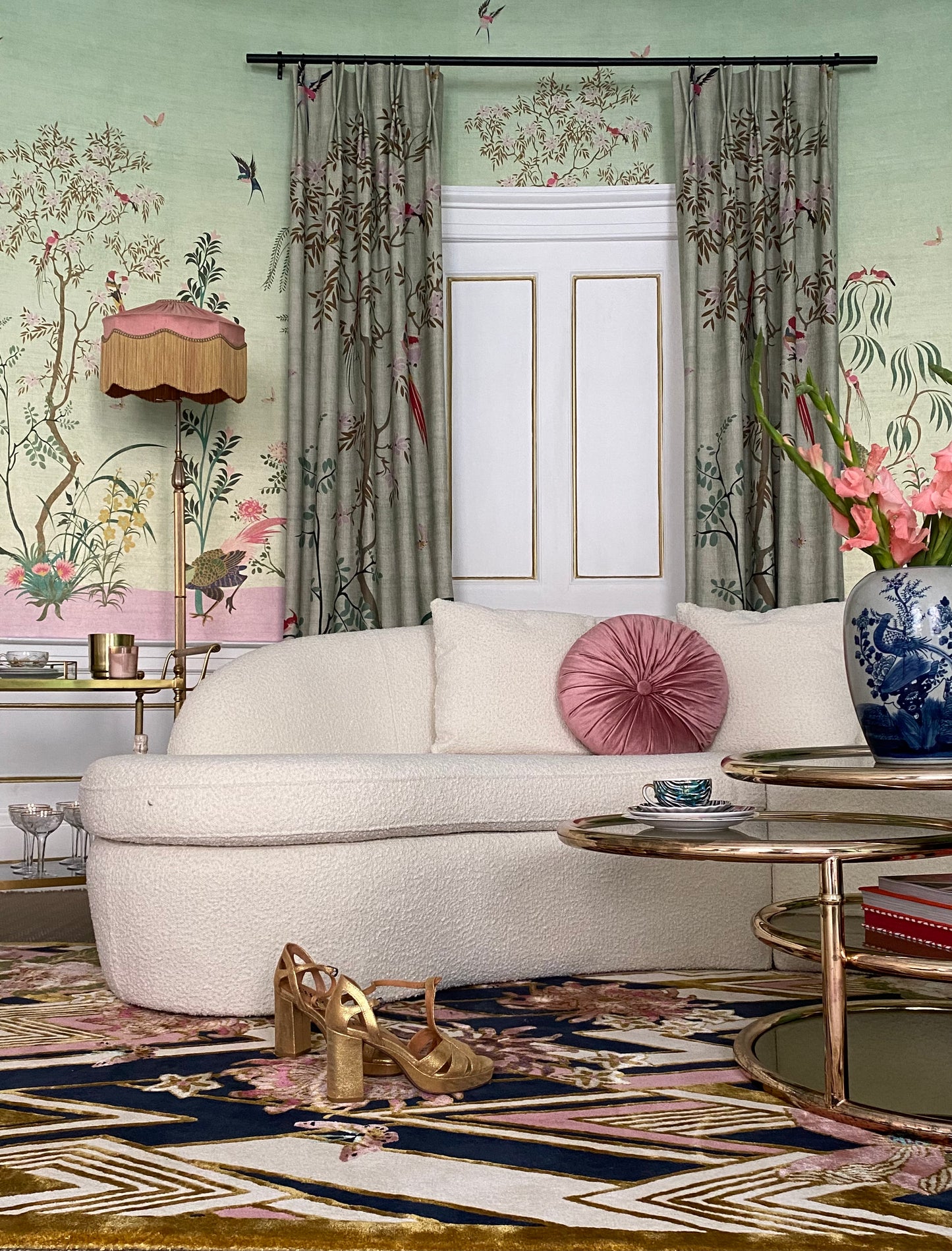 Herringbone Florals Pink & Gold - Hand Tufted Rug