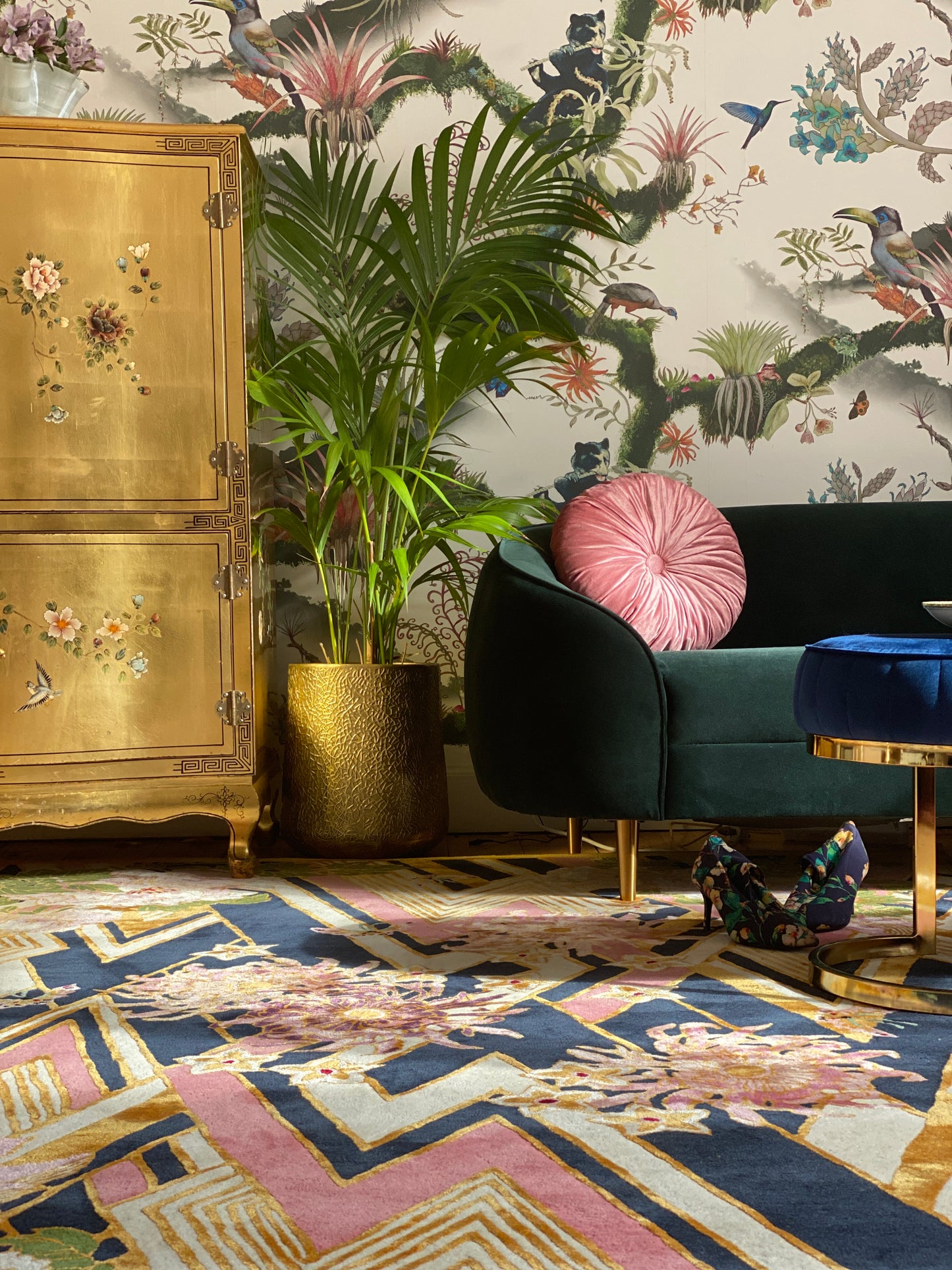 Herringbone Florals Pink & Gold - Hand Tufted Rug