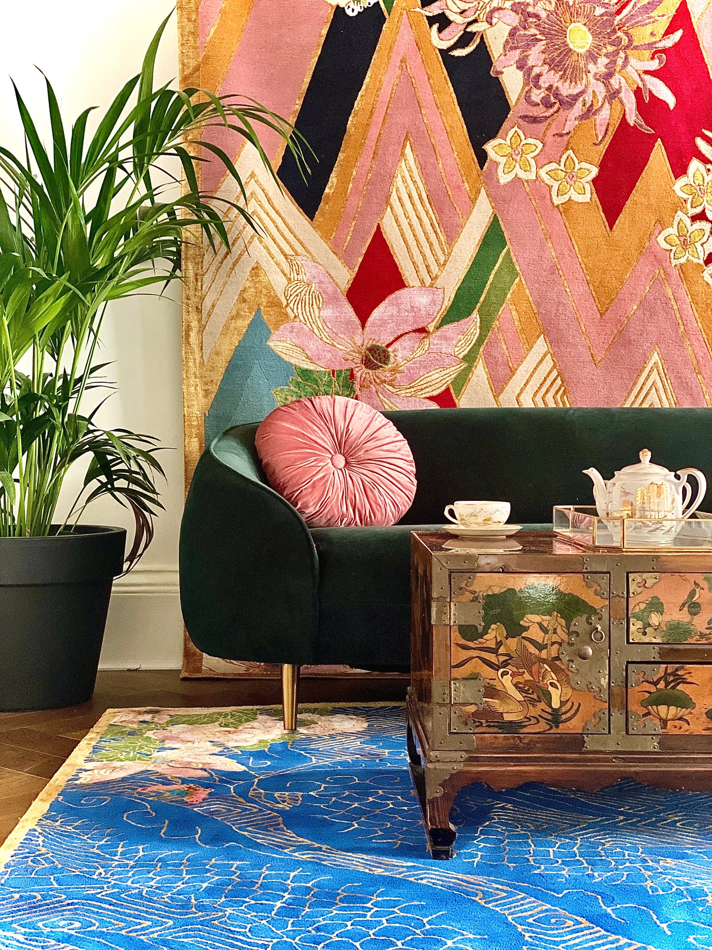 Dragon Florals Blue & Gold - Hand Tufted Rug