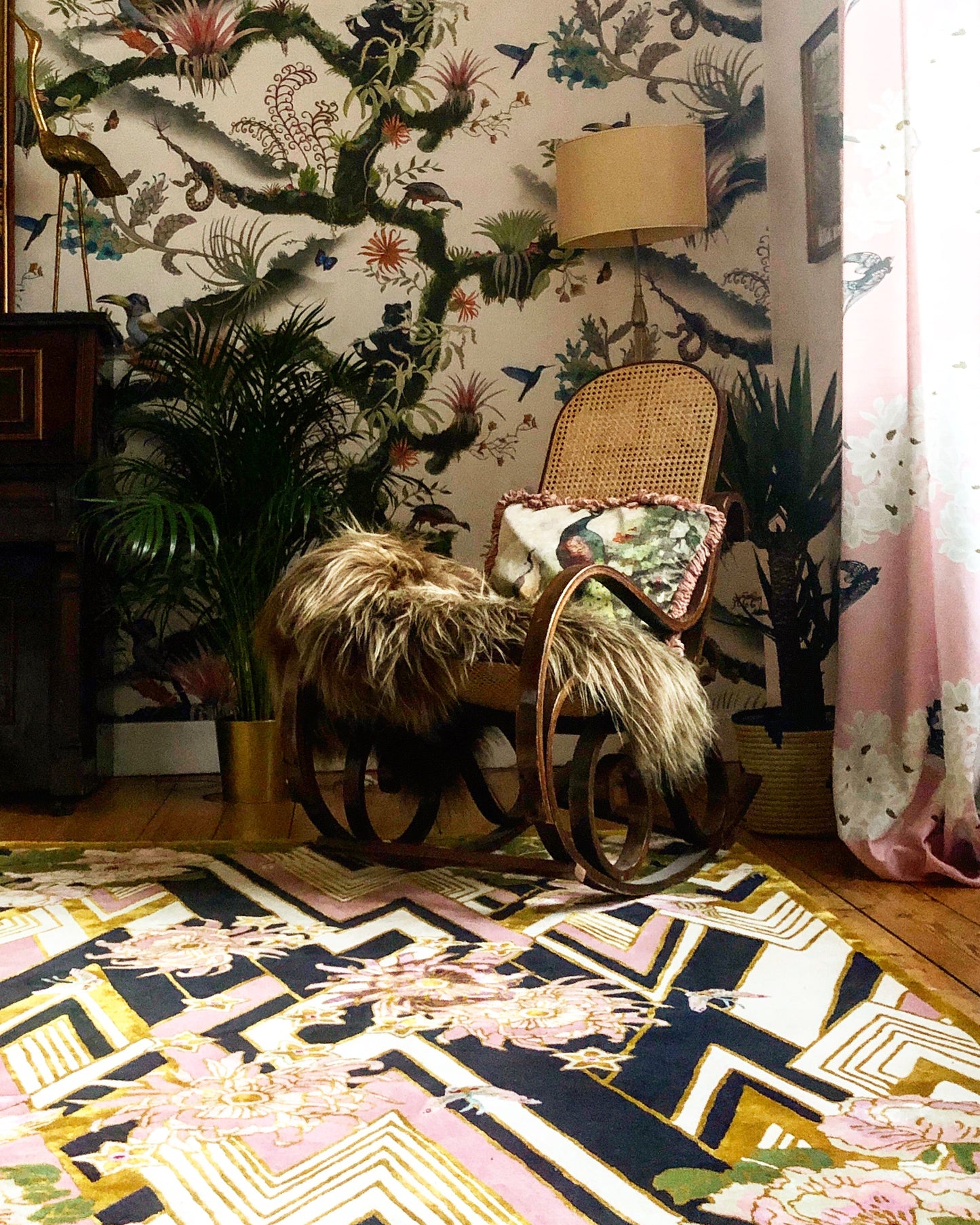 Herringbone Florals Pink & Gold - Hand Tufted Rug