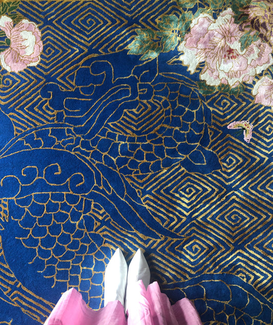 Dragon Florals Blue & Gold - Hand Tufted Rug - Sample