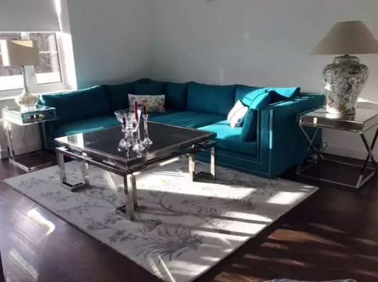 We love our Mandela Viscose rug with this teal velvet sofa.