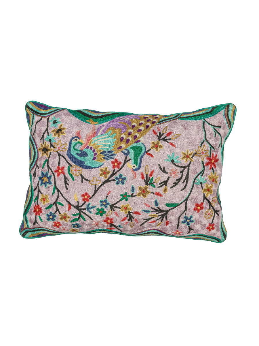 Kujaku Lilac Crewel Embroidery Wool & Viscose Cushion