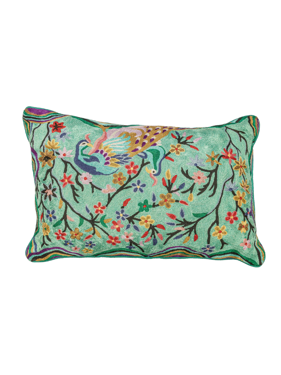 Kujaku Green Crewel Embroidery Wool & Viscose Cushion