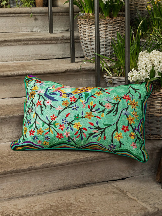 Kujaku Green Crewel Embroidery Wool & Viscose Cushion