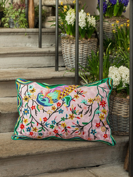 Kujaku Lilac Crewel Embroidery Wool & Viscose Cushion