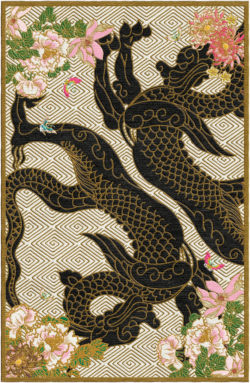 Dragon Florals Black & Gold - Hand Tufted Rug