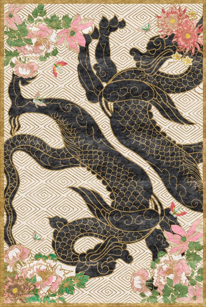 Dragon Florals Black & Gold - Hand Tufted Rug