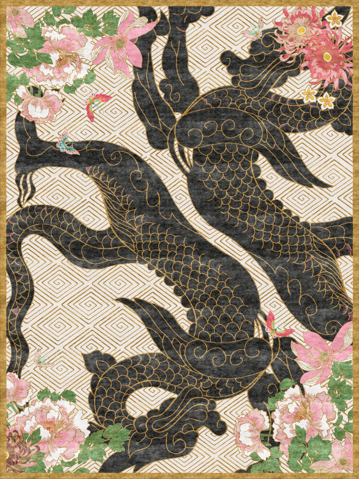 Dragon Florals Black & Gold - Hand Tufted Rug