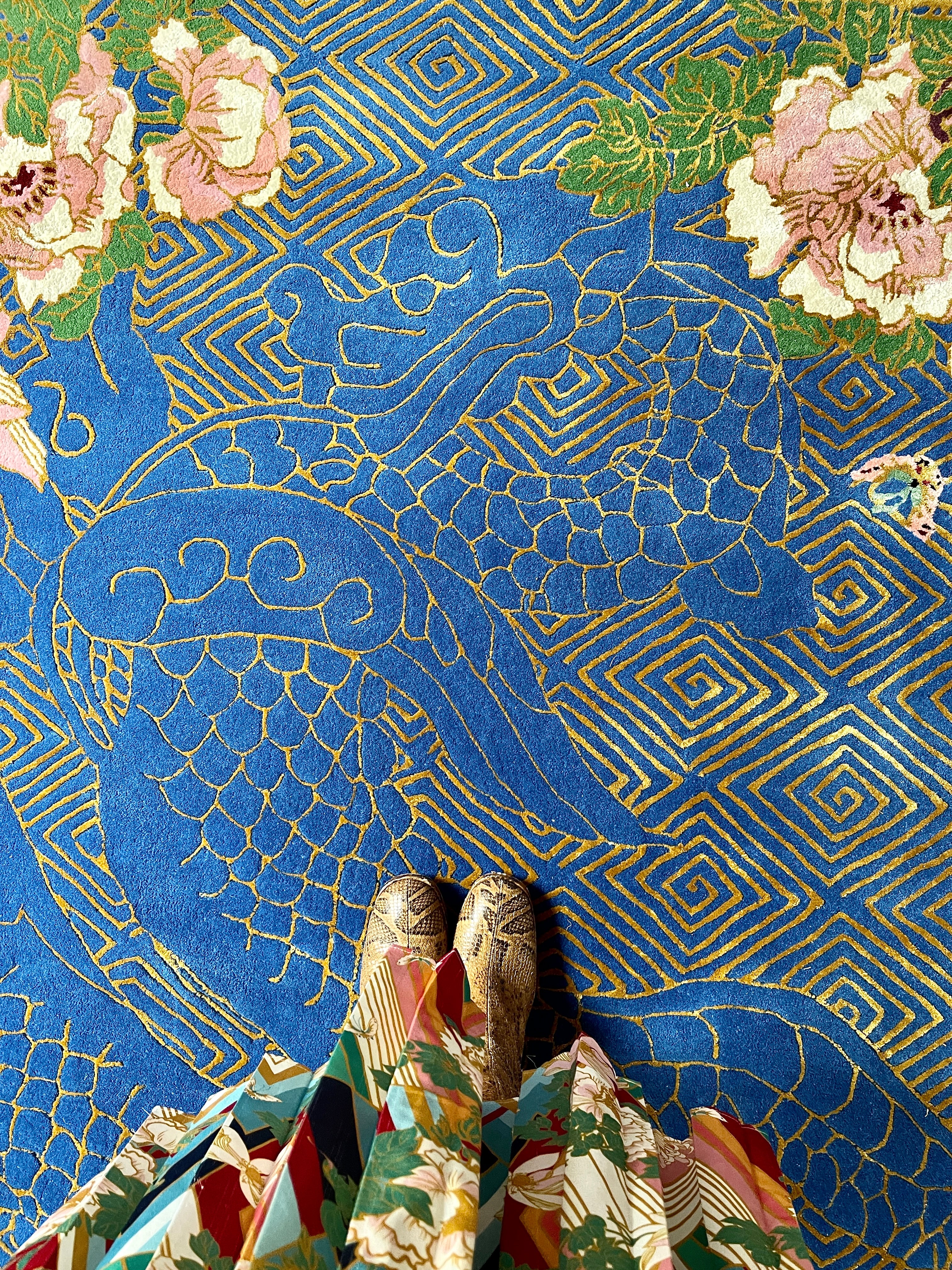 Dragon Florals Blue & Gold - Hand Tufted Rug