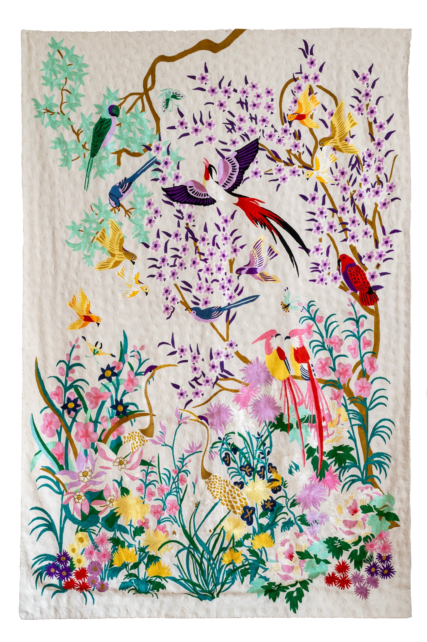 One Hundred Birds One Hundred Flowers - Hand-Embroidered Wall-Hanging