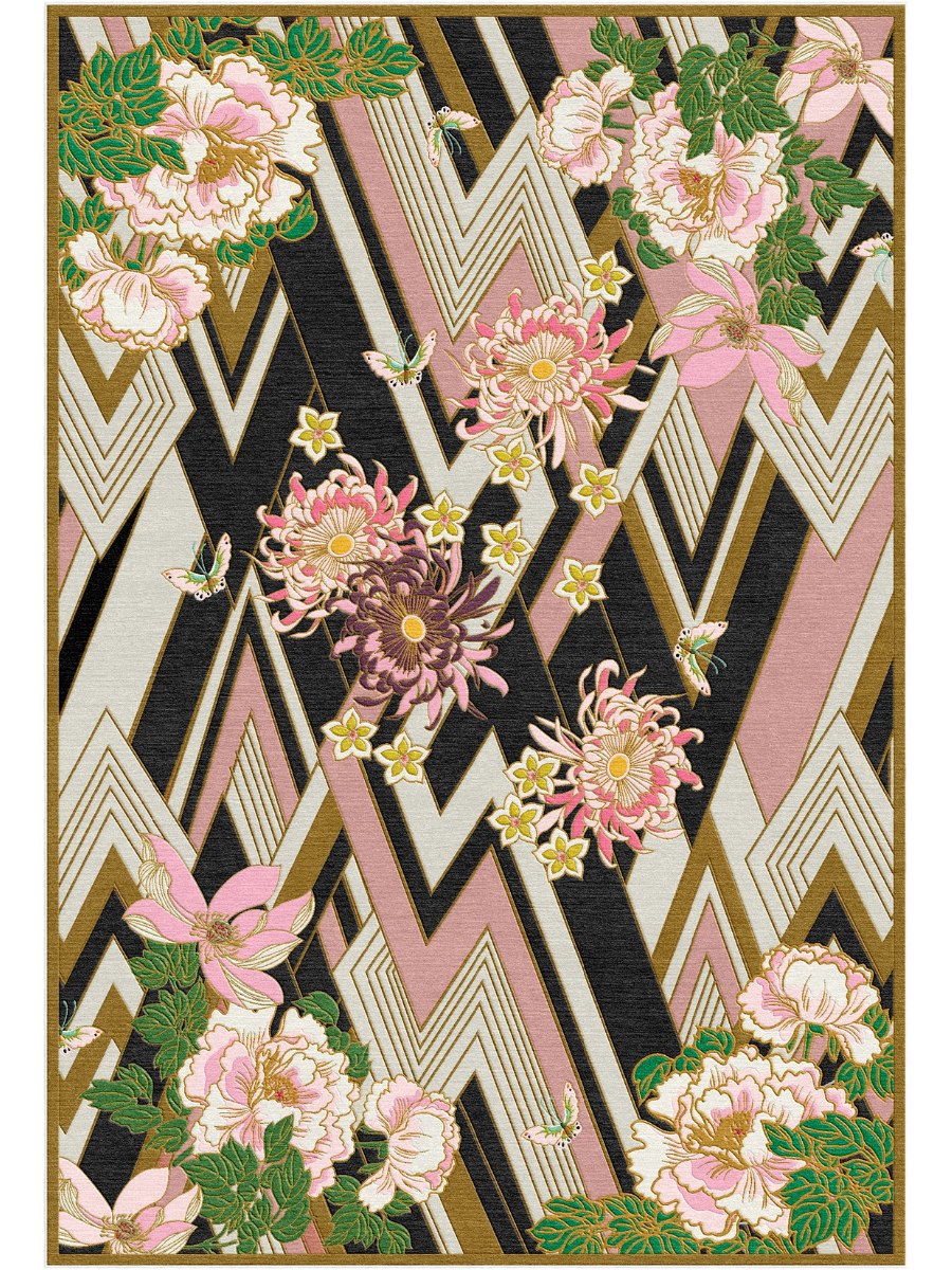 Herringbone Florals Pink & Gold - Hand Tufted Rug