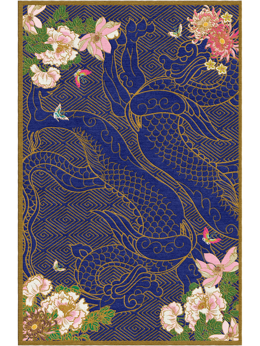 Dragon Florals Blue & Gold - Hand Tufted Rug