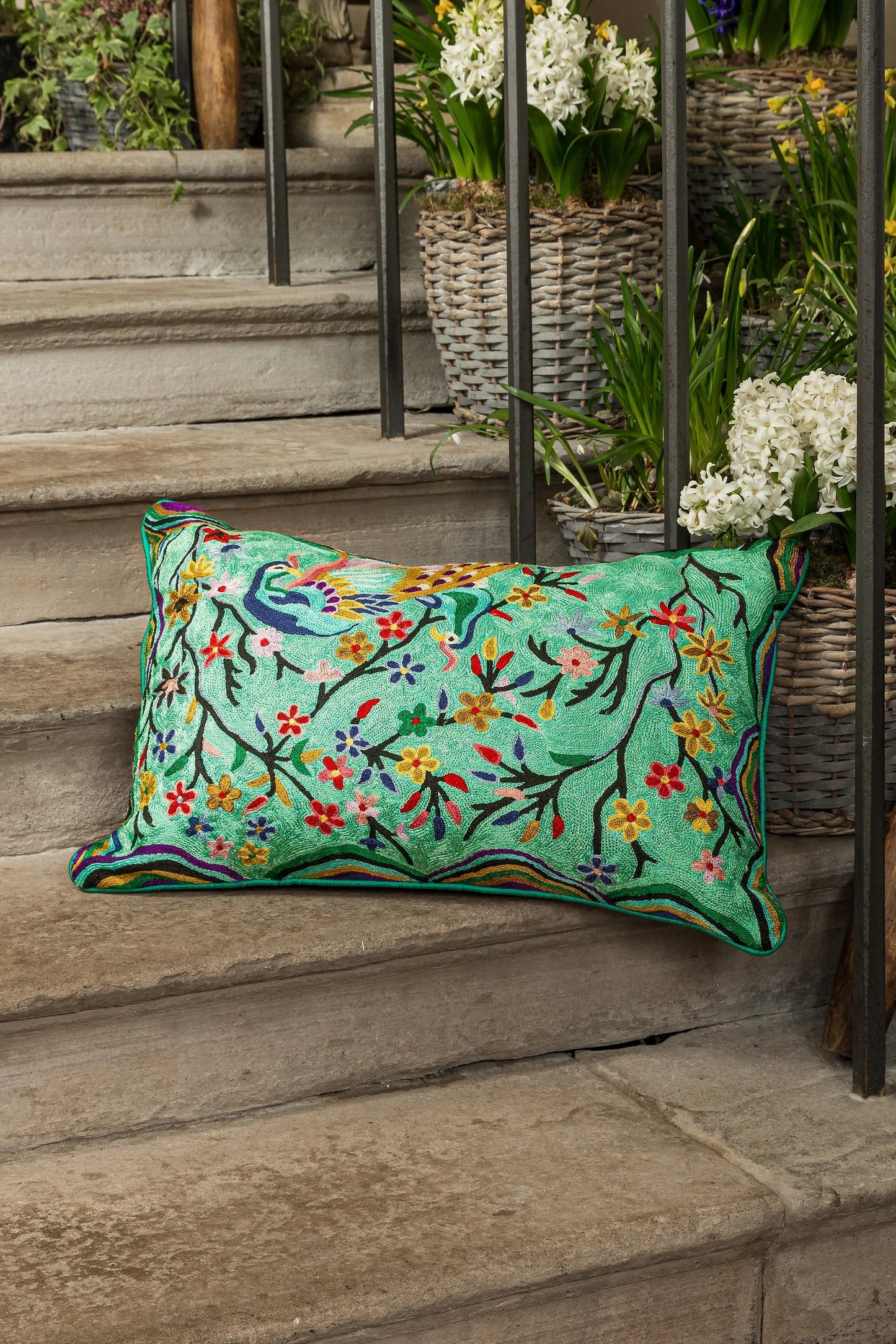 Kujaku Green Crewel Embroidery Wool & Viscose Cushion