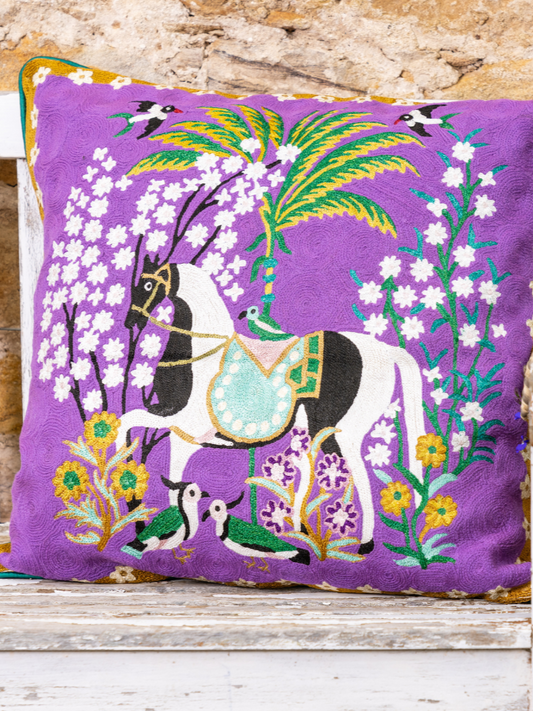 A Mughal Painting Crewel Embroidery Wool & Viscose Cushion